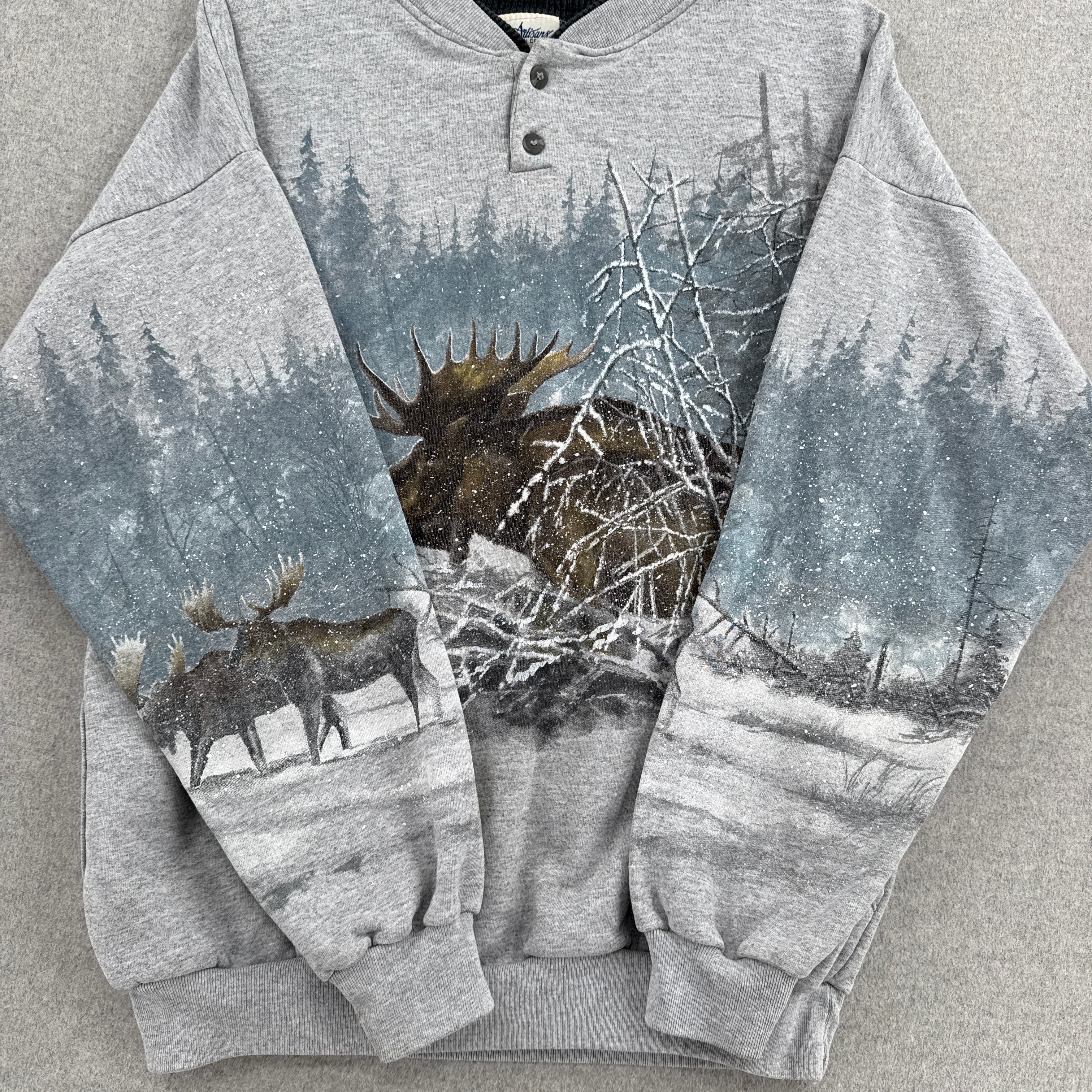 Vintage 90s Moose Winter All Over Print Crewneck Sweatshirt