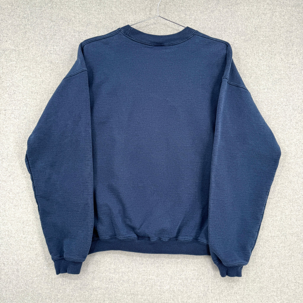 back of blue crewneck sweatshirt, blank, no design