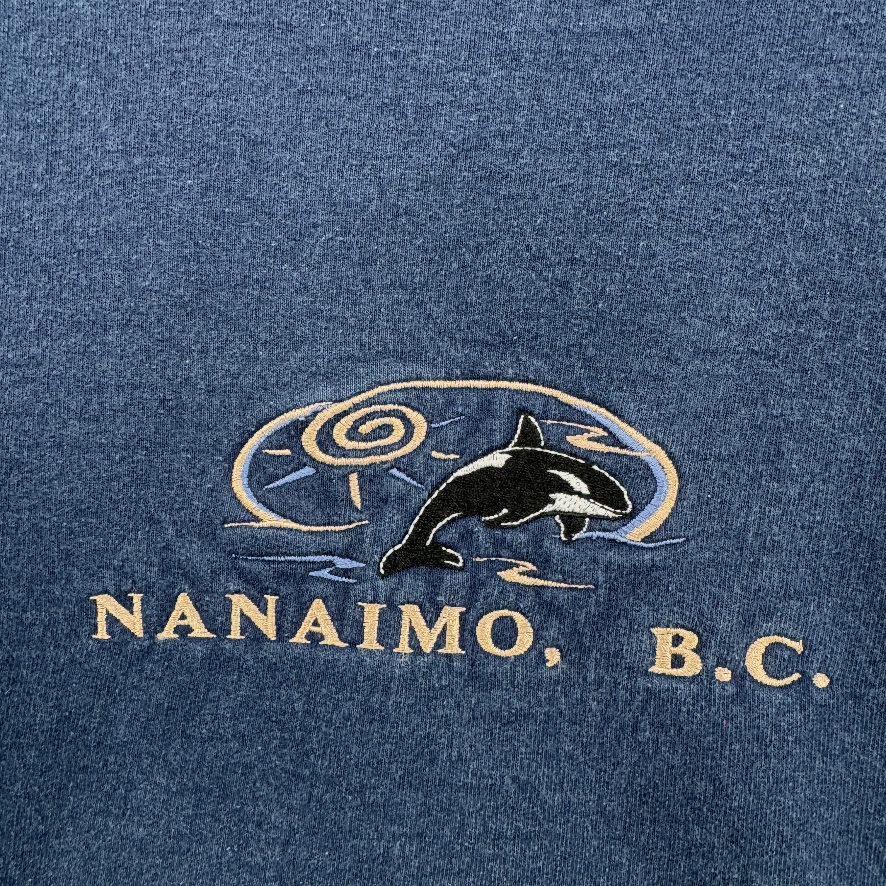 Blue fabric with a whale design and 'Nanaimo, B.C.'
