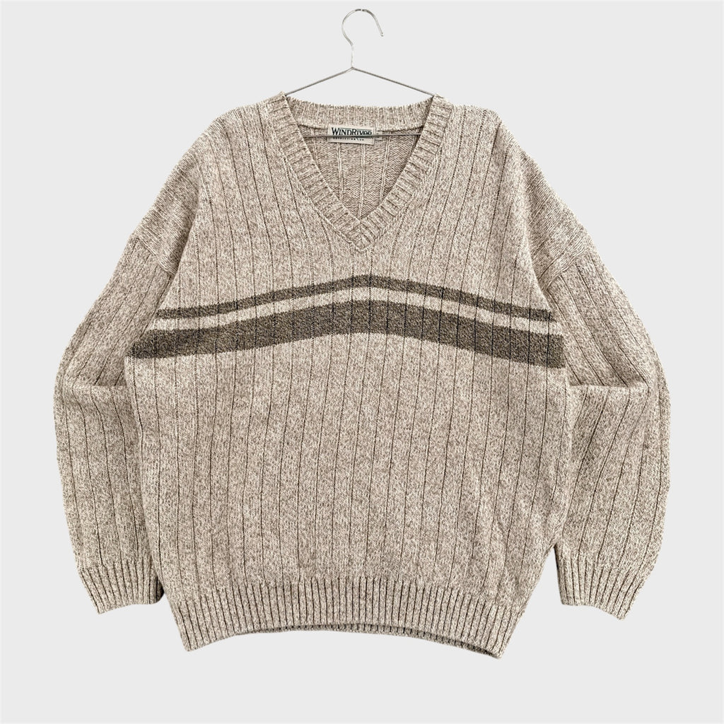 Vintage 90s Neutral Beige Stripe Knitted Cotton Wool Blend Sweater