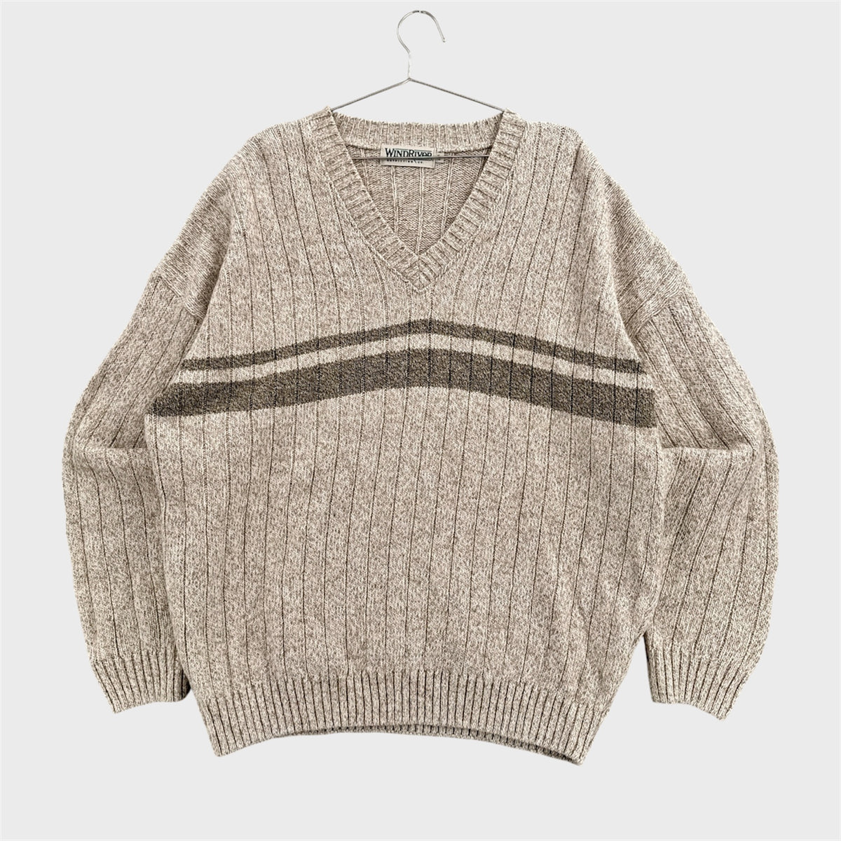Vintage 90s Neutral Beige Stripe Knitted Cotton Wool Blend Sweater