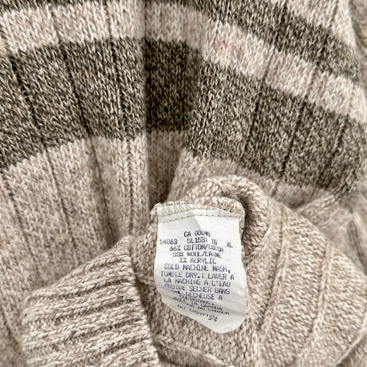 Vintage 90s Neutral Beige Stripe Knitted Cotton Wool Blend Sweater
