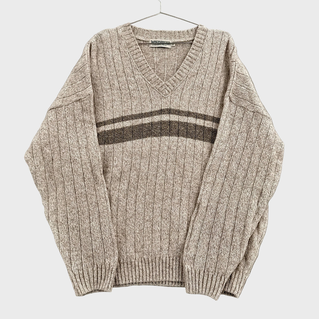 Vintage 90s Neutral Beige Stripe Knitted Cotton Wool Blend Sweater
