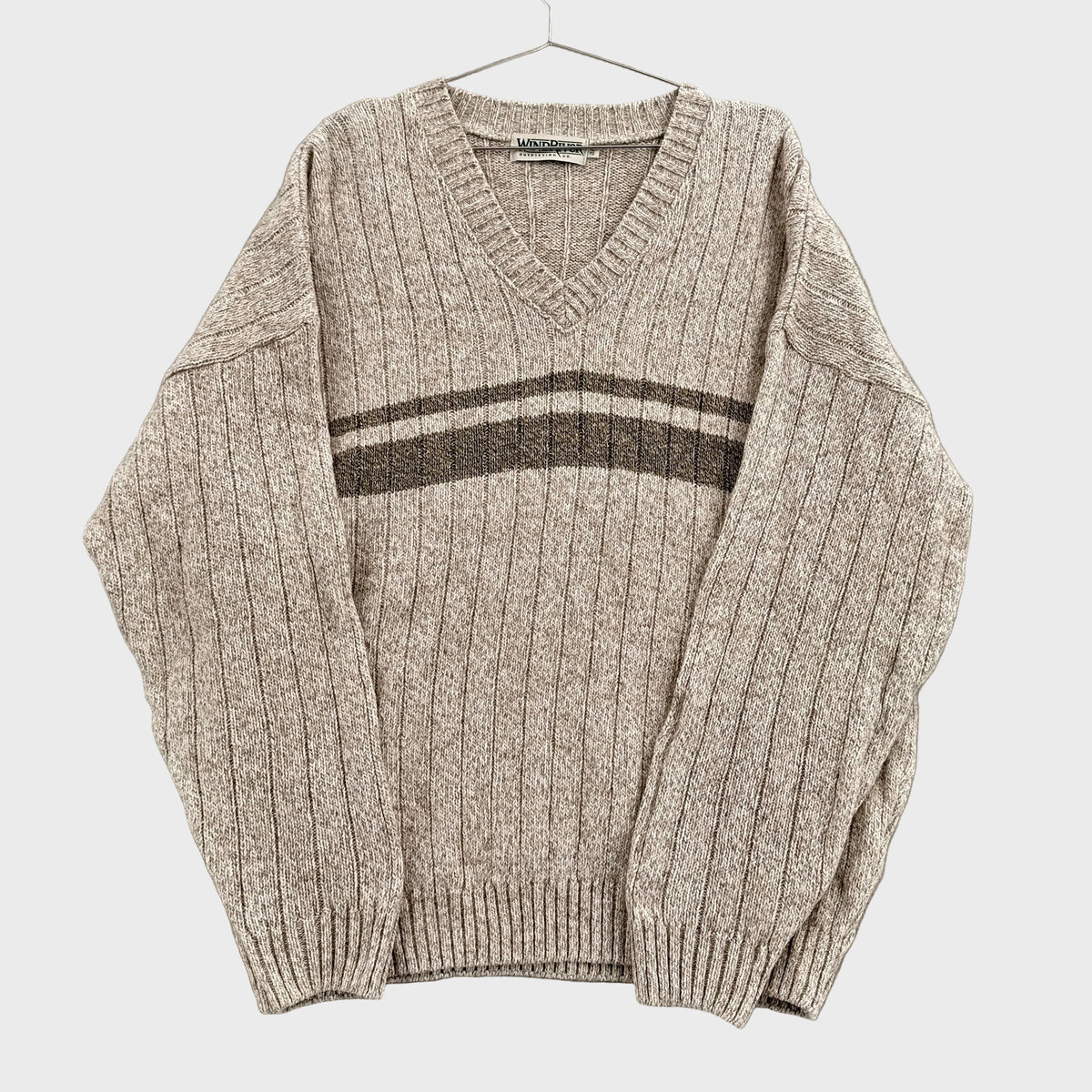 Vintage 90s Neutral Beige Stripe Knitted Cotton Wool Blend Sweater