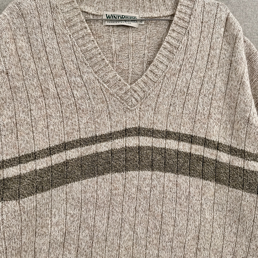 Vintage 90s Neutral Beige Stripe Knitted Cotton Wool Blend Sweater