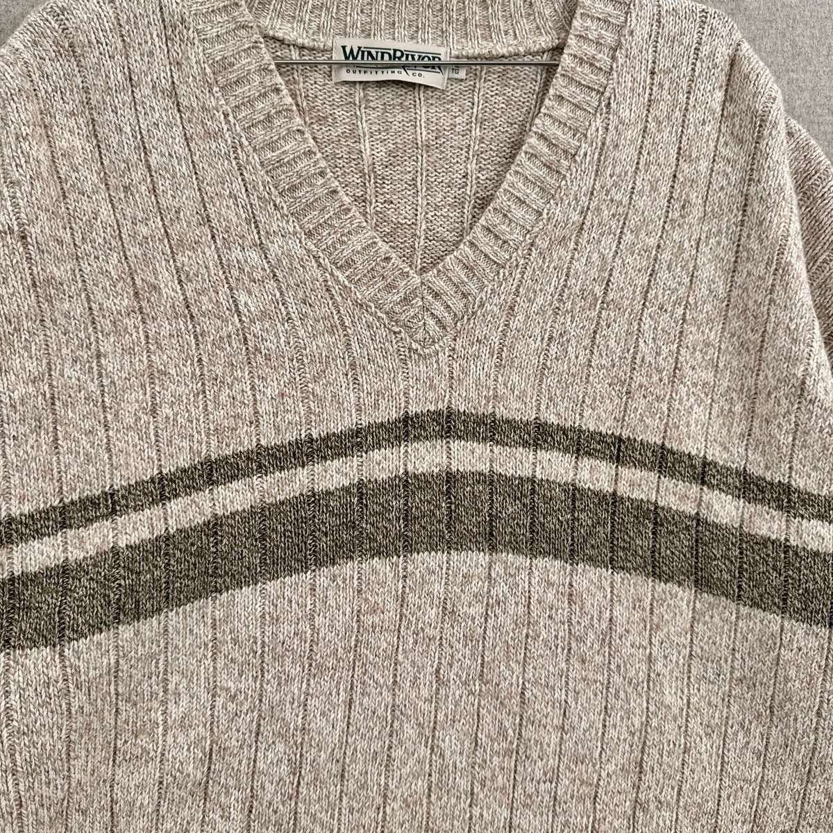 Vintage 90s Neutral Beige Stripe Knitted Cotton Wool Blend Sweater