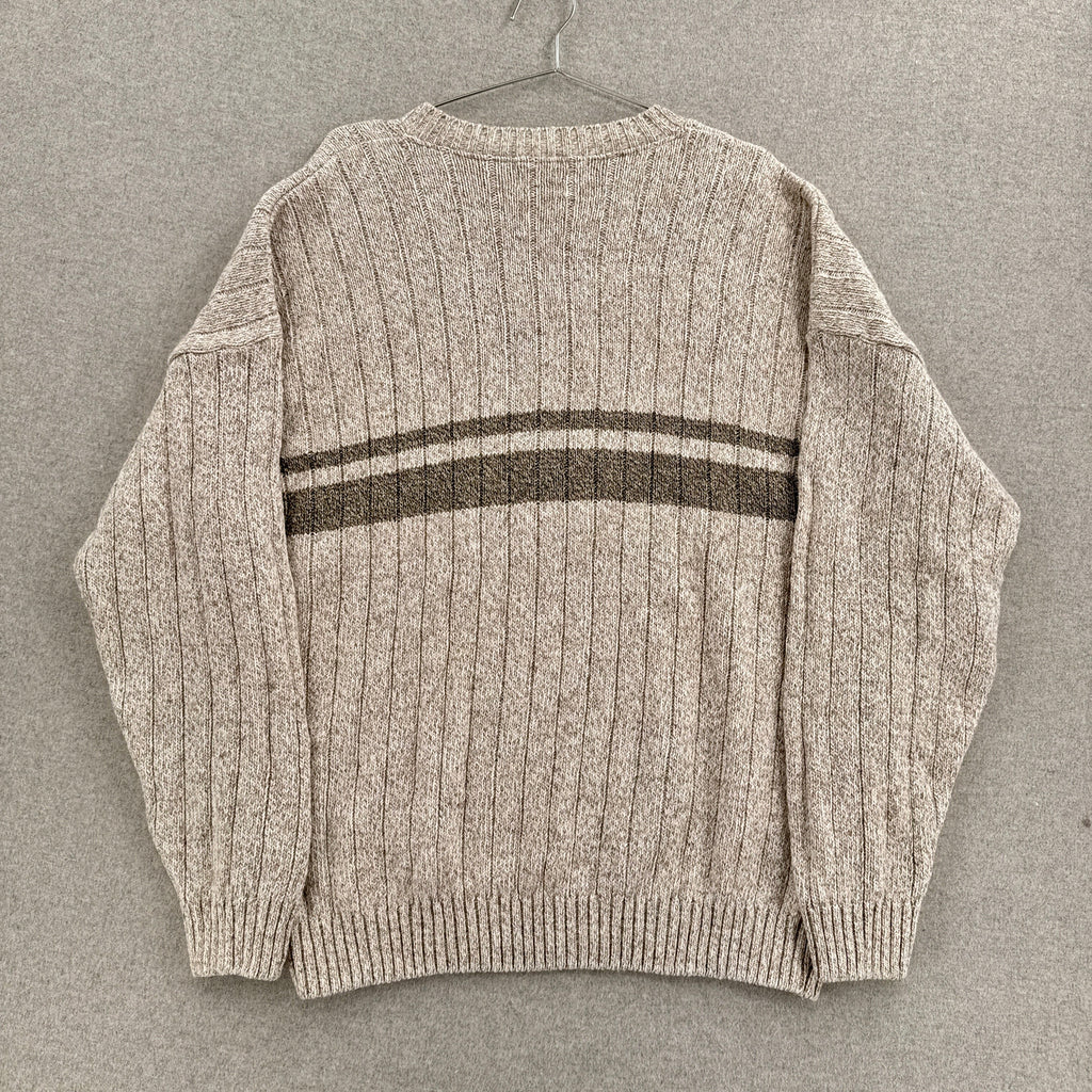 Vintage 90s Neutral Beige Stripe Knitted Cotton Wool Blend Sweater