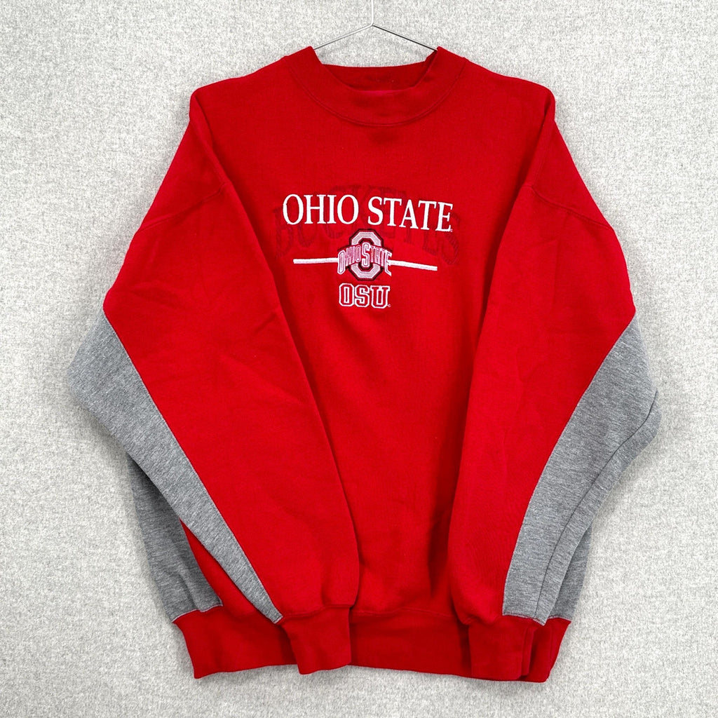 Red Ohio State sweatshirt with gray sleeves on a light gray background