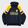 Black hoodie with yellow sleeves featuring the Pittsburgh Steelers logo on a gray background