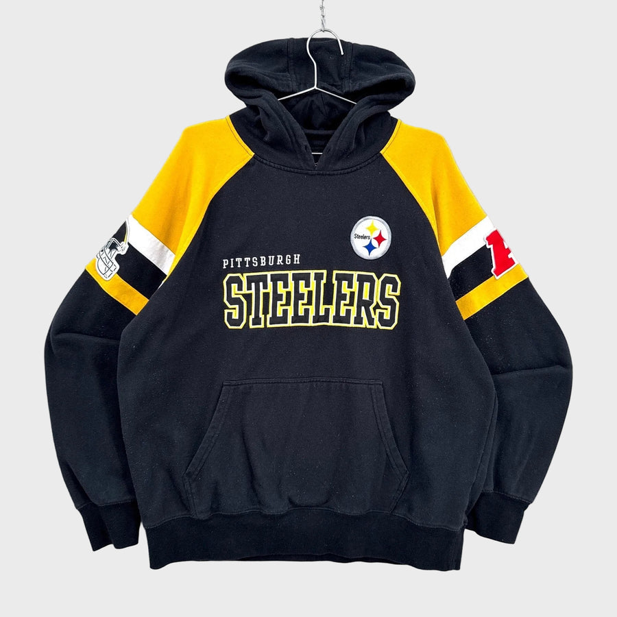 Black hoodie with yellow sleeves featuring the Pittsburgh Steelers logo on a gray background