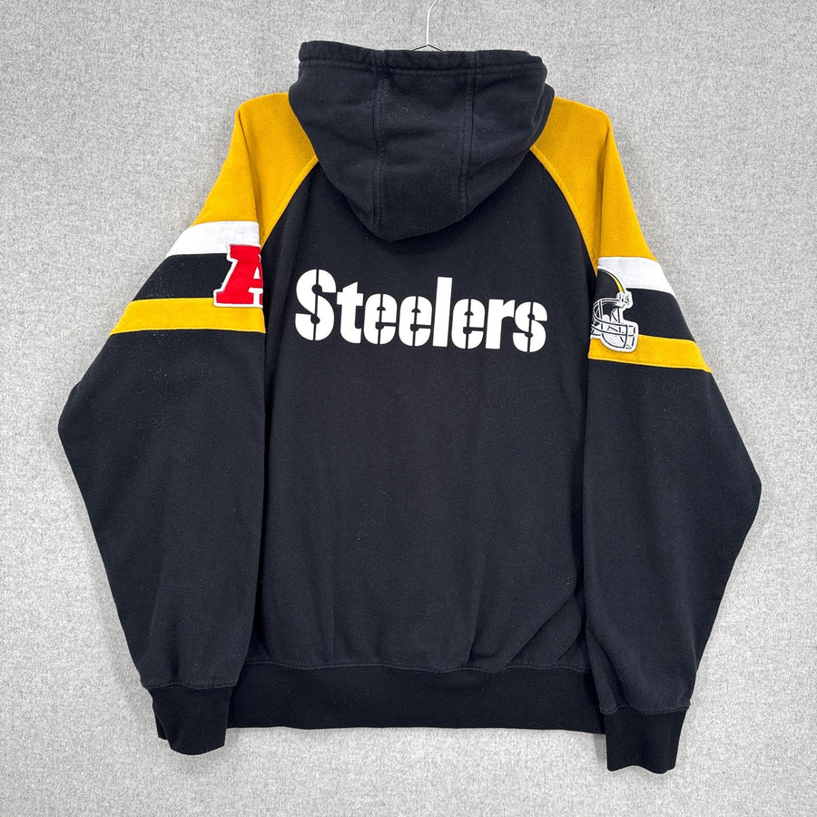 Black hoodie with 'Steelers' text and logo on a gray background