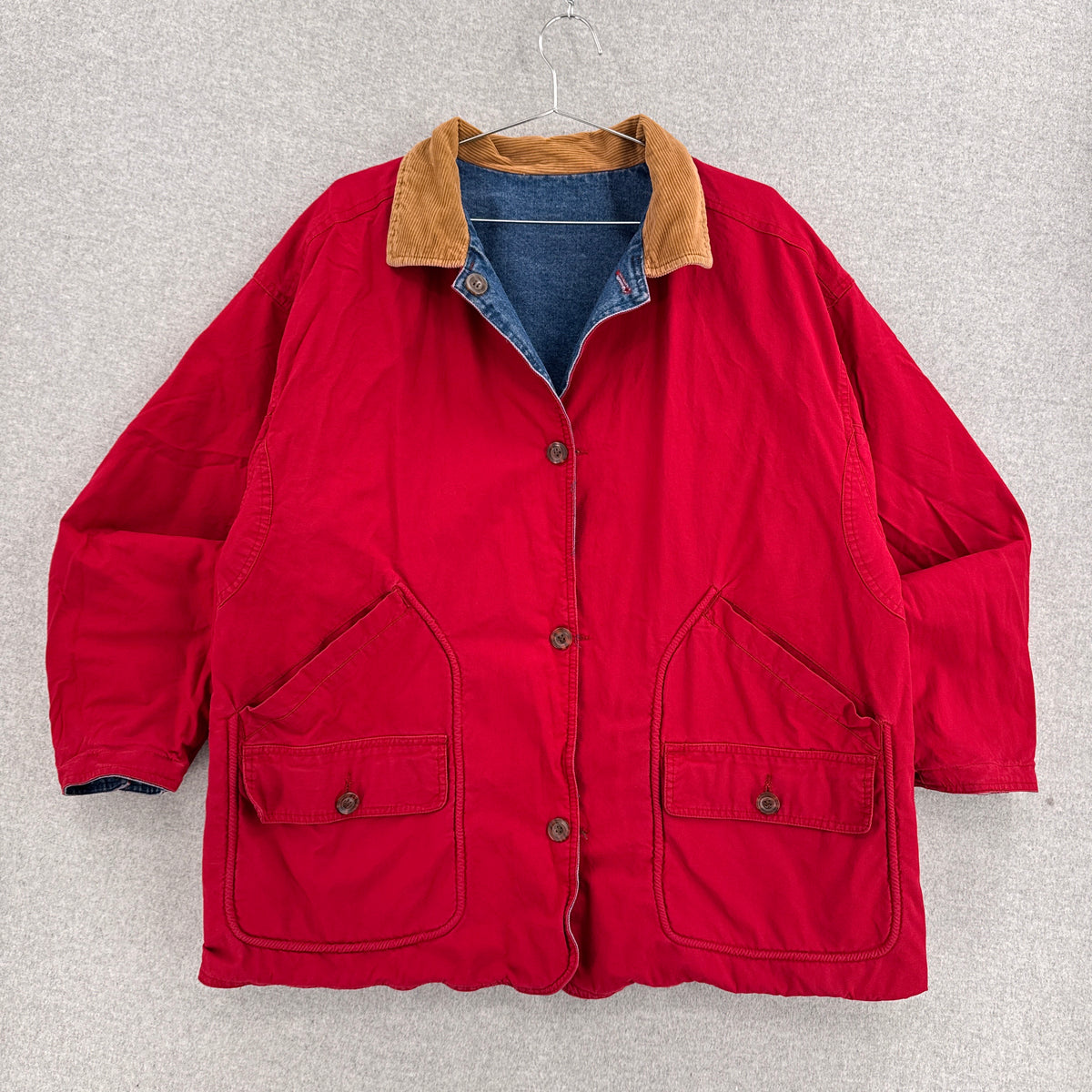 Vintage 90s Reversible Red Denim Barn Jacket Chore Coat - L