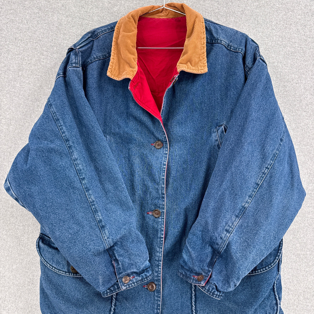 Vintage 90s Reversible Red Denim Barn Jacket Chore Coat - L