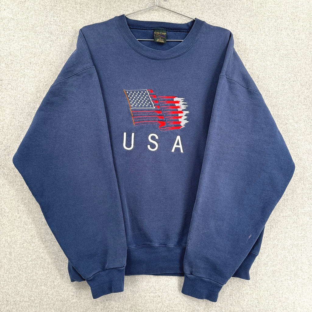 Blue sweatshirt with American flag and 'USA' text on a light gray background