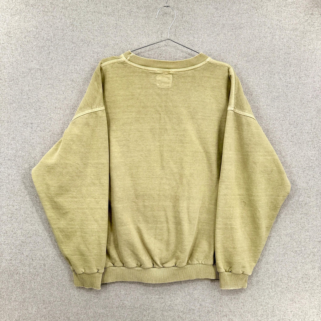 yellowish green sweatshirt on a hanger against a gray background