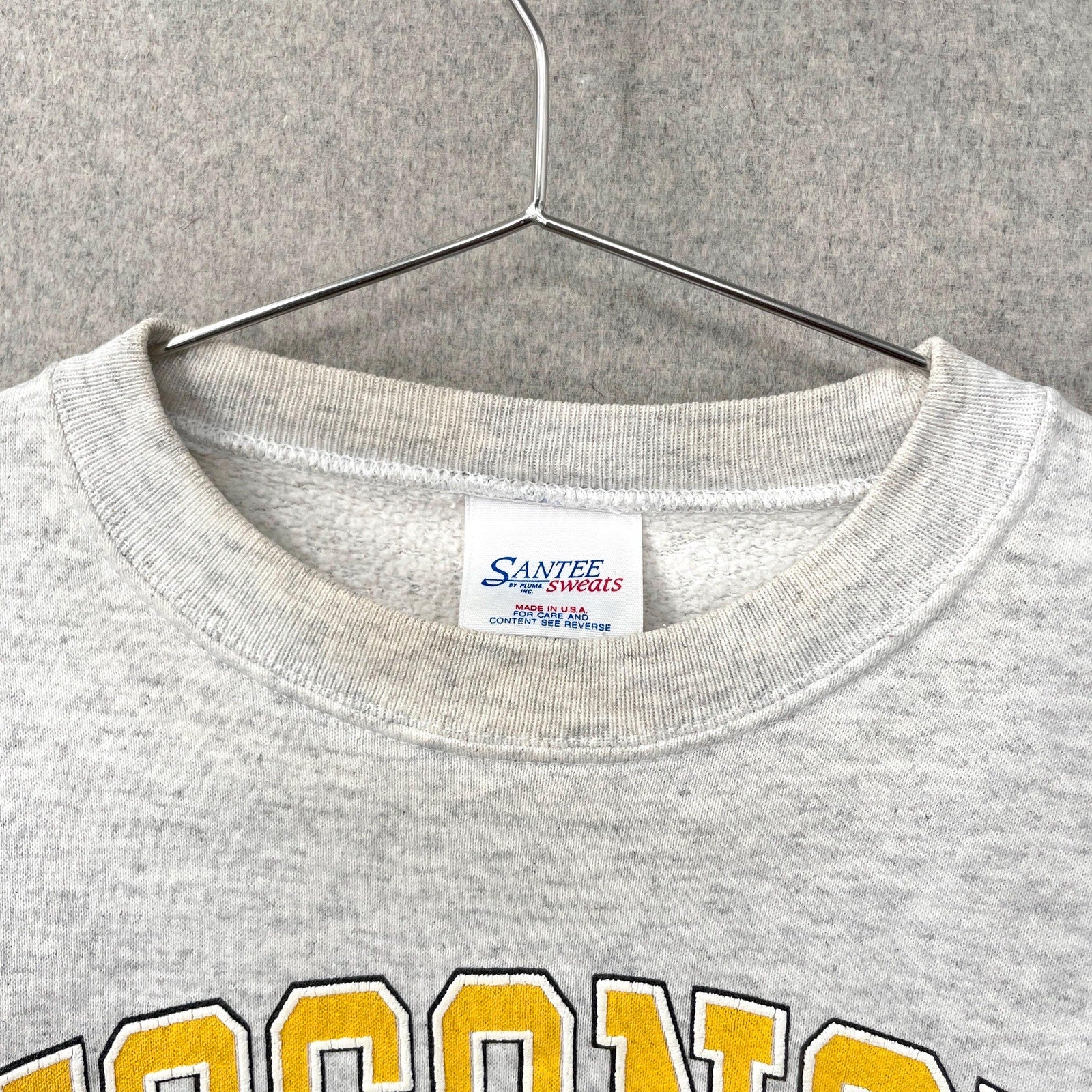 Gray sweatshirt with 'Santee' label on a hanger against a gray background