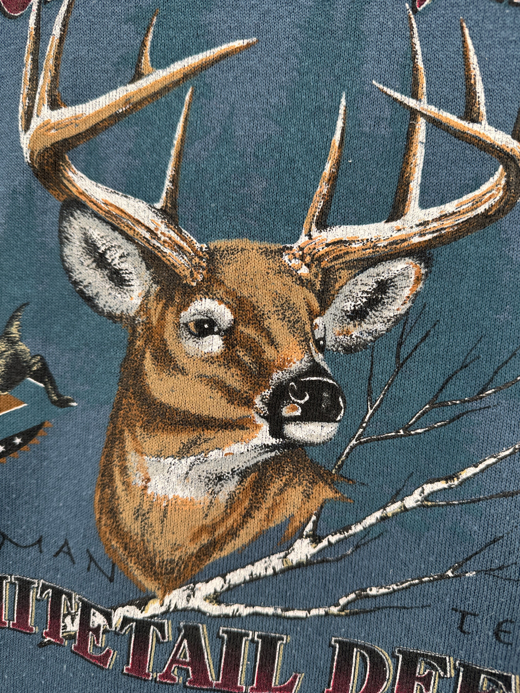 close up of whitetail deer graphic on the front of the vintage crewneck sweatshirt