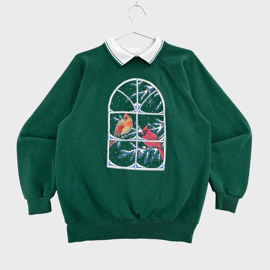 Vintage 90s Winter Birds Snowing Collared Sweatshirt - M/L