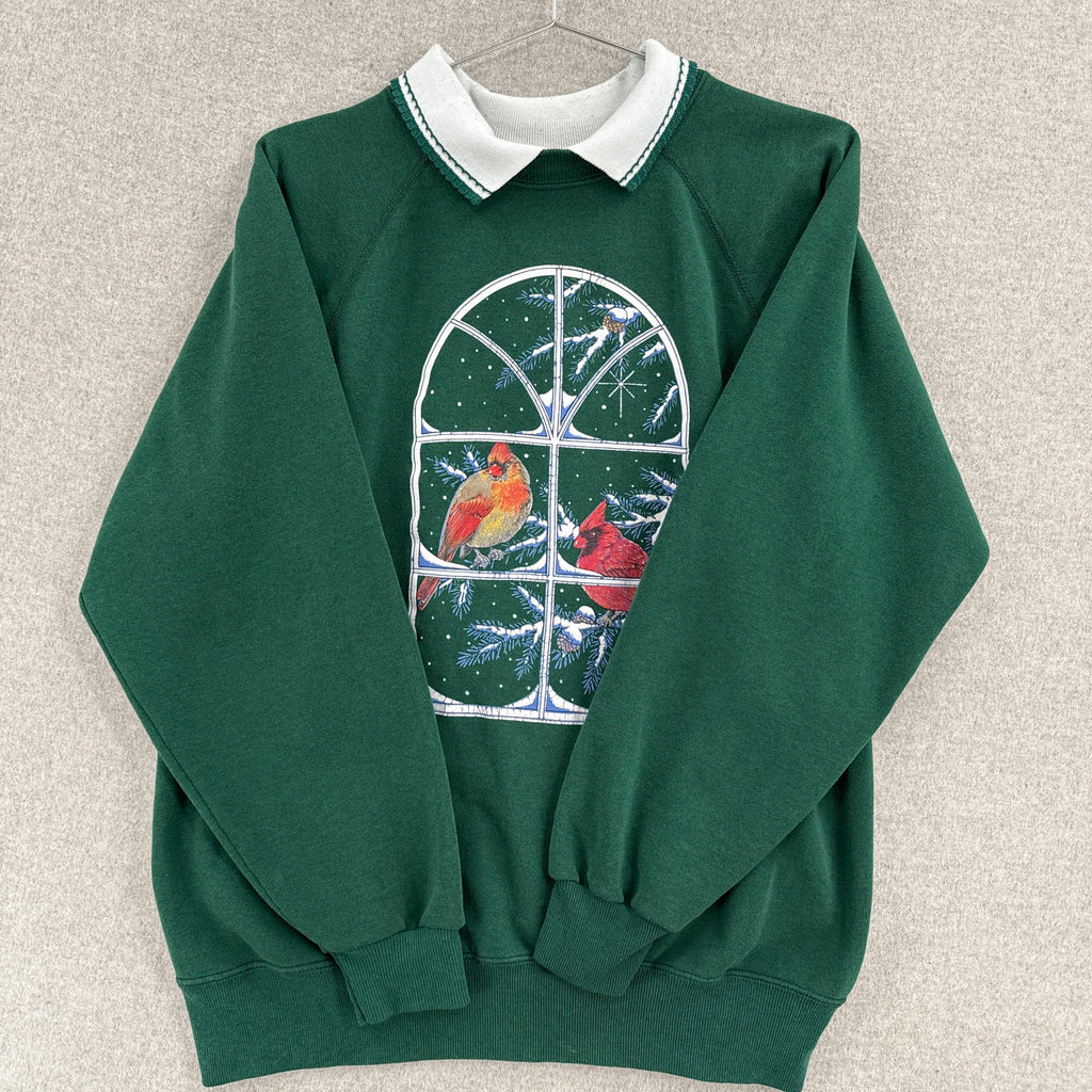 Vintage 90s Winter Birds Snowing Collared Sweatshirt - M/L