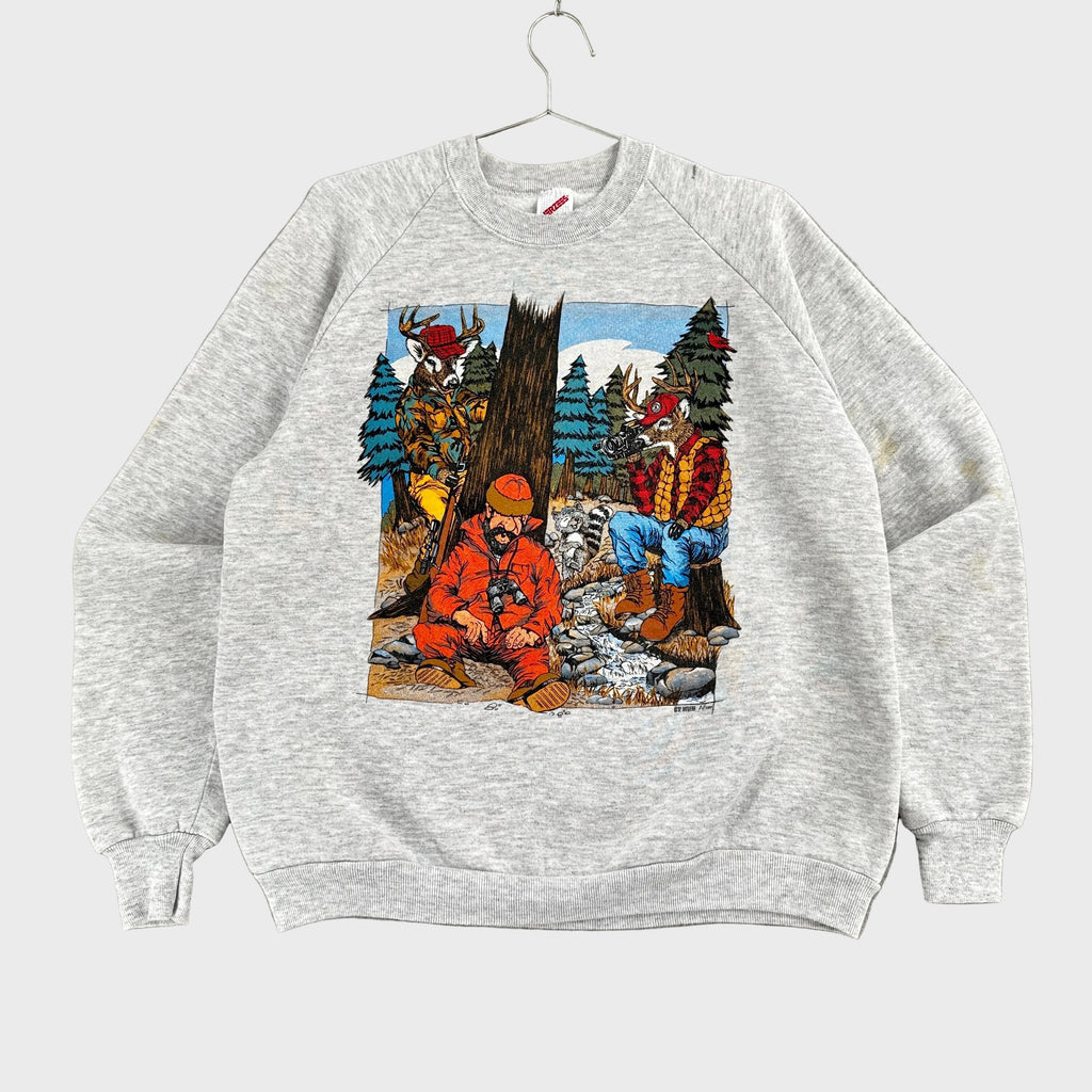 Vintage '92 Deer Hunting Cartoon Crewneck Sweatshirt