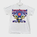 White t-shirt with Chicago Cubs logo and text on a gray background