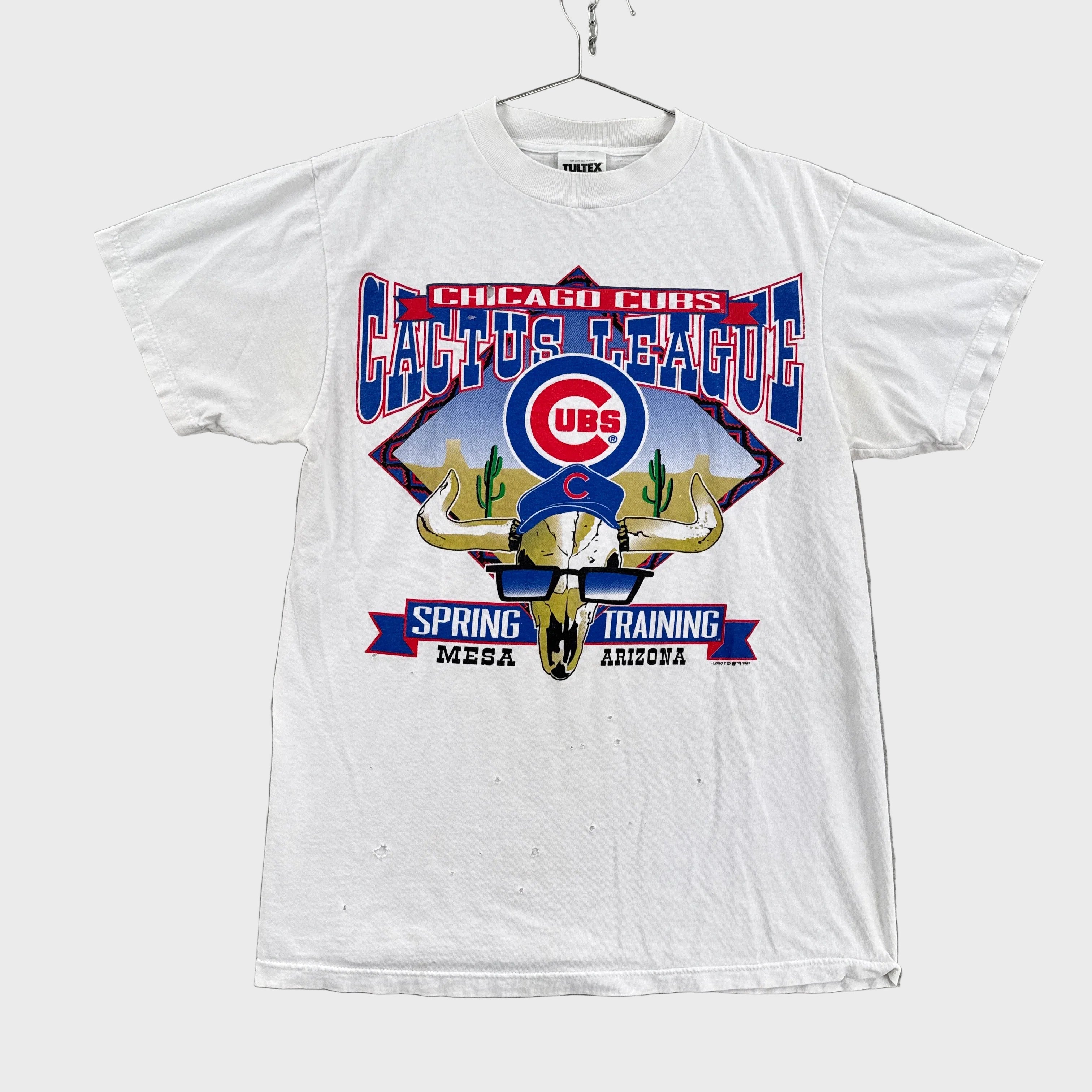 White t-shirt with Chicago Cubs logo and text on a gray background