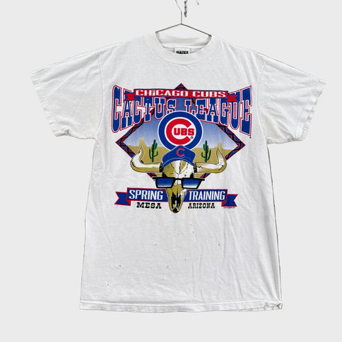 White t-shirt with Chicago Cubs logo and text on a gray background