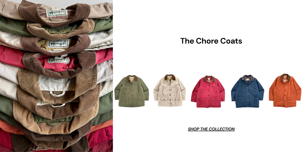 A promotional graphic for 'The Chore Coats' collection, featuring a stacked pile of various folded coats on the left and five full-color views of the coats on the right in green, beige, pink, blue, and orange.