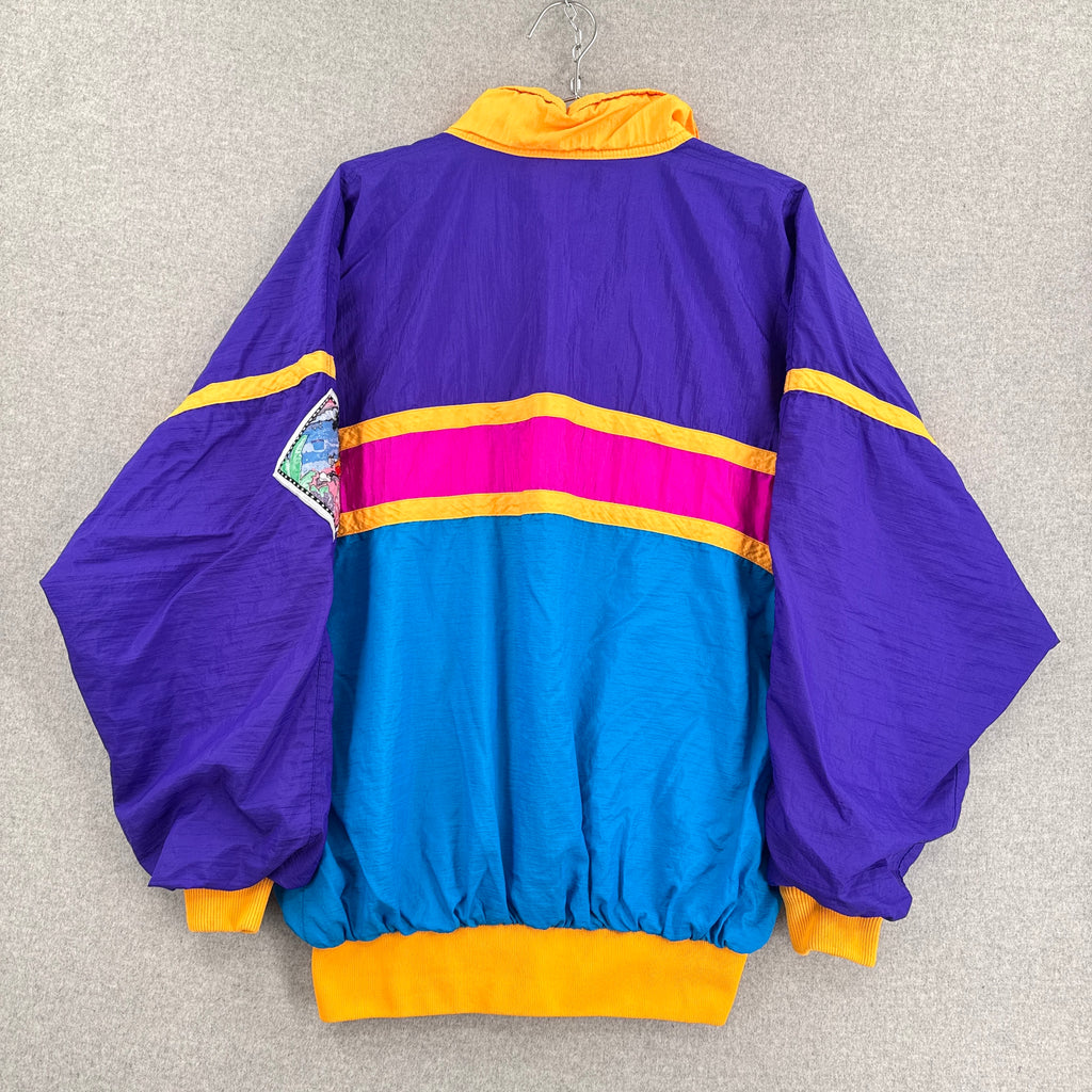 Colorful jacket with purple, blue, pink, and yellow accents on a gray background back