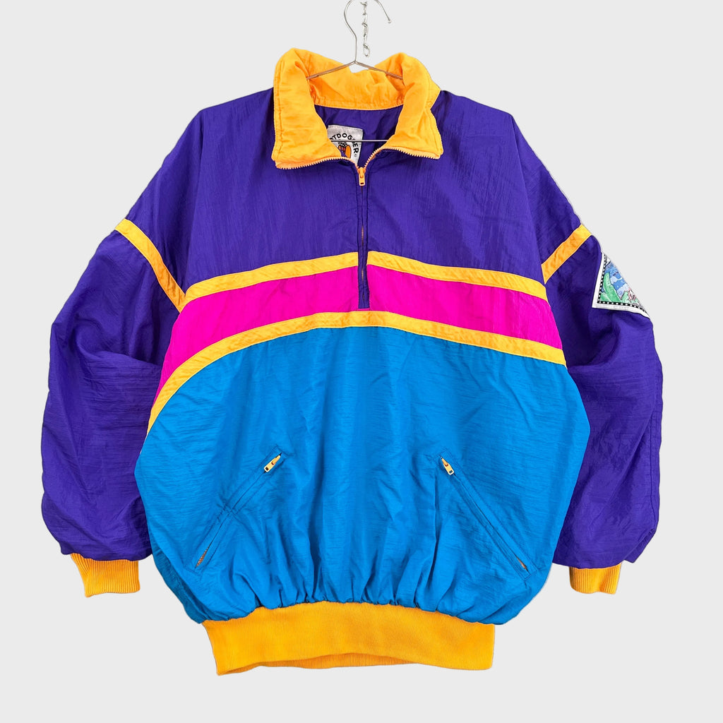 Multicolored jacket with purple, blue, pink, and yellow accents on a gray background