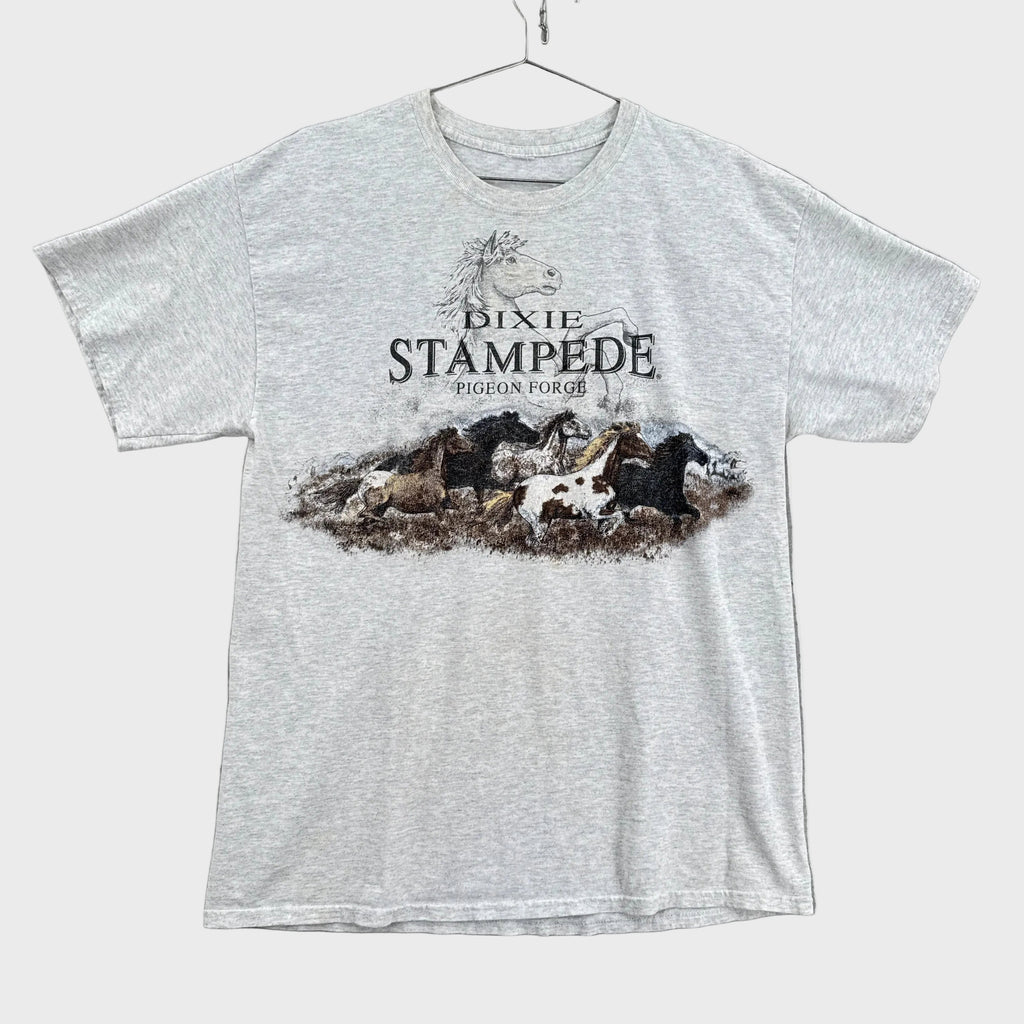 grey t-shirt with graphic design and text on a gray background