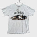 grey t-shirt with graphic design and text on a gray background