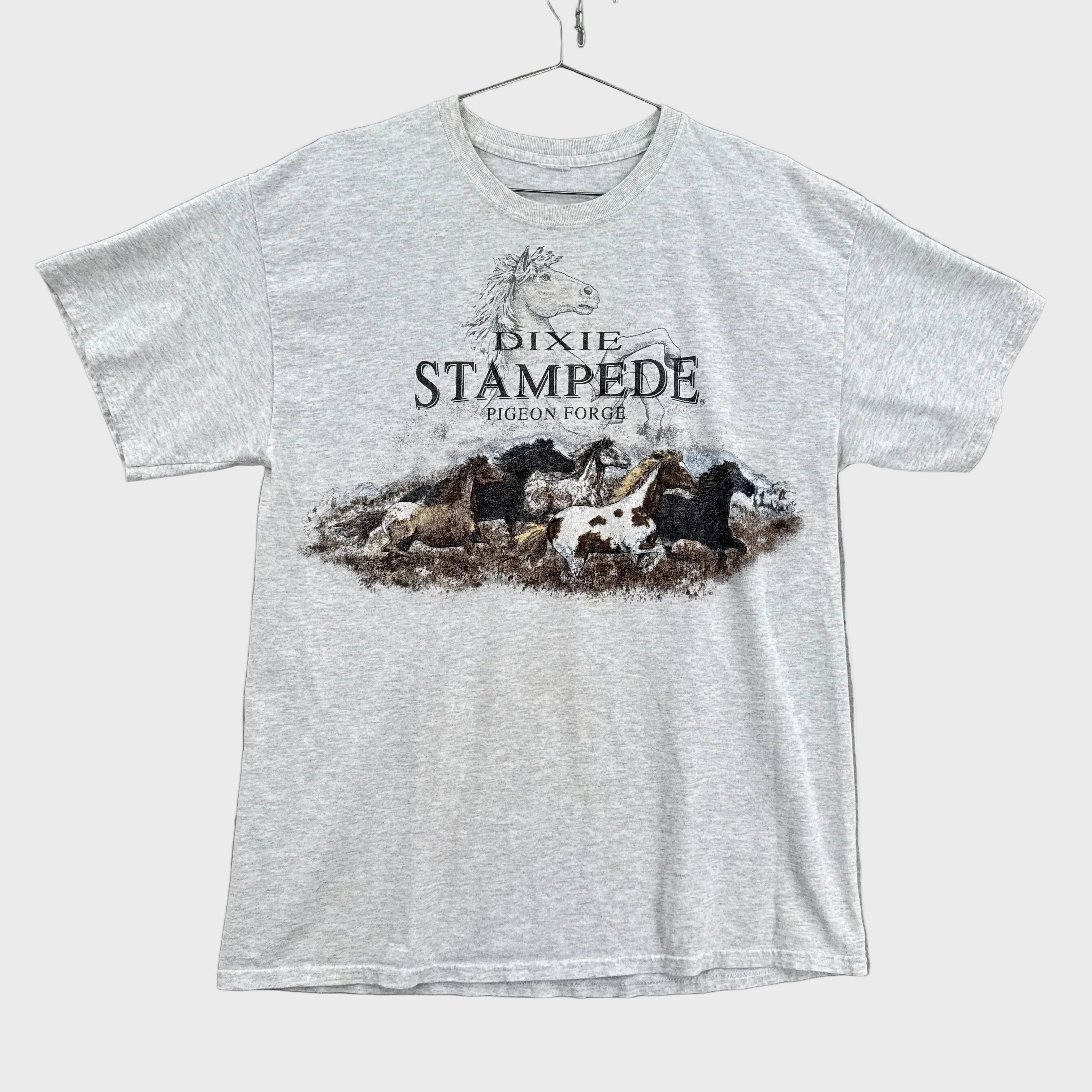 grey t-shirt with graphic design and text on a gray background