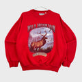 Red sweatshirt with a graphic of an elk and 'Wild Mountain' text on a gray background