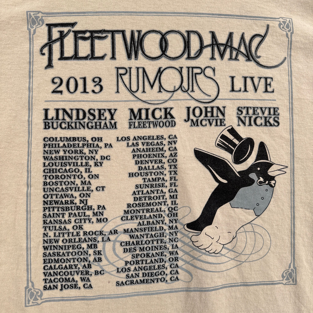 Fleetwood Mac 2013 Rumours Live tour poster with band members and city names on a beige background.