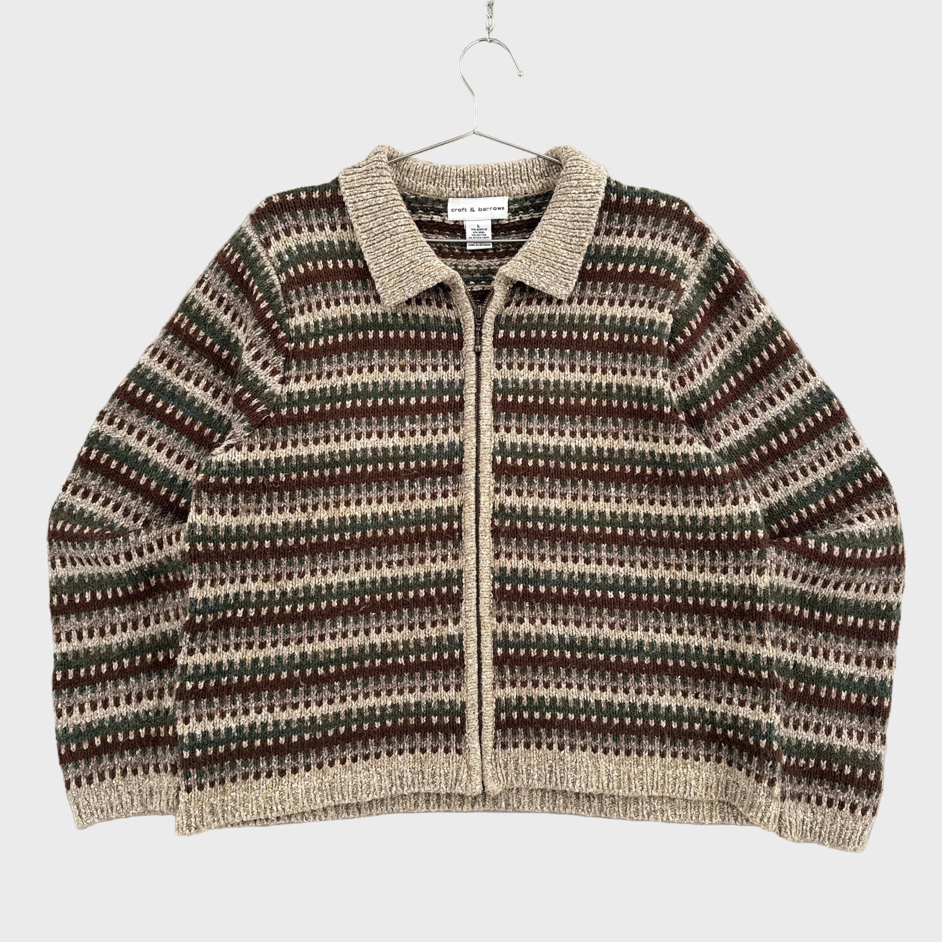 Vintage Geometric Stripes Zipper Cardigan Collared Sweater