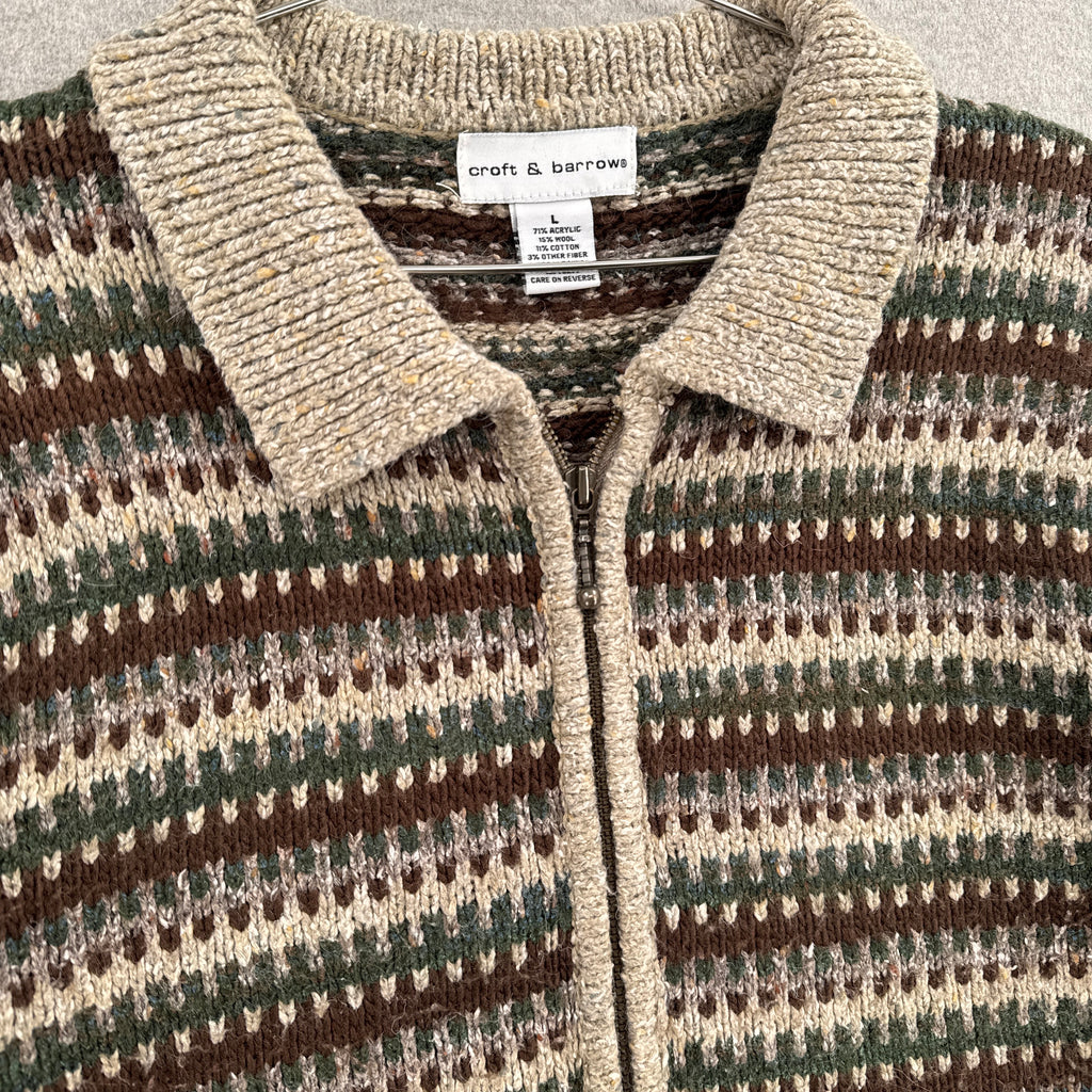 Vintage Geometric Stripes Zipper Cardigan Collared Sweater