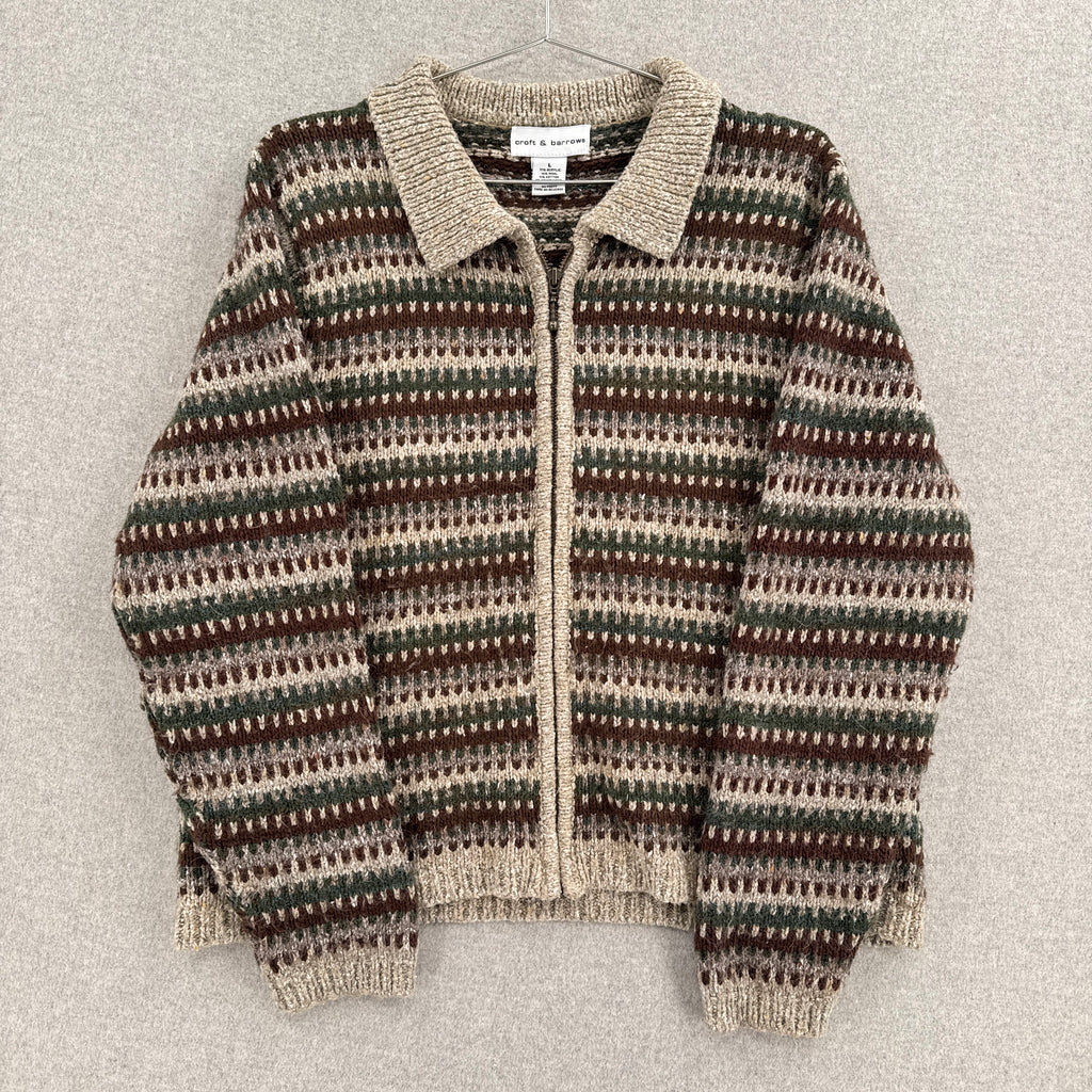 Vintage Geometric Stripes Zipper Cardigan Collared Sweater