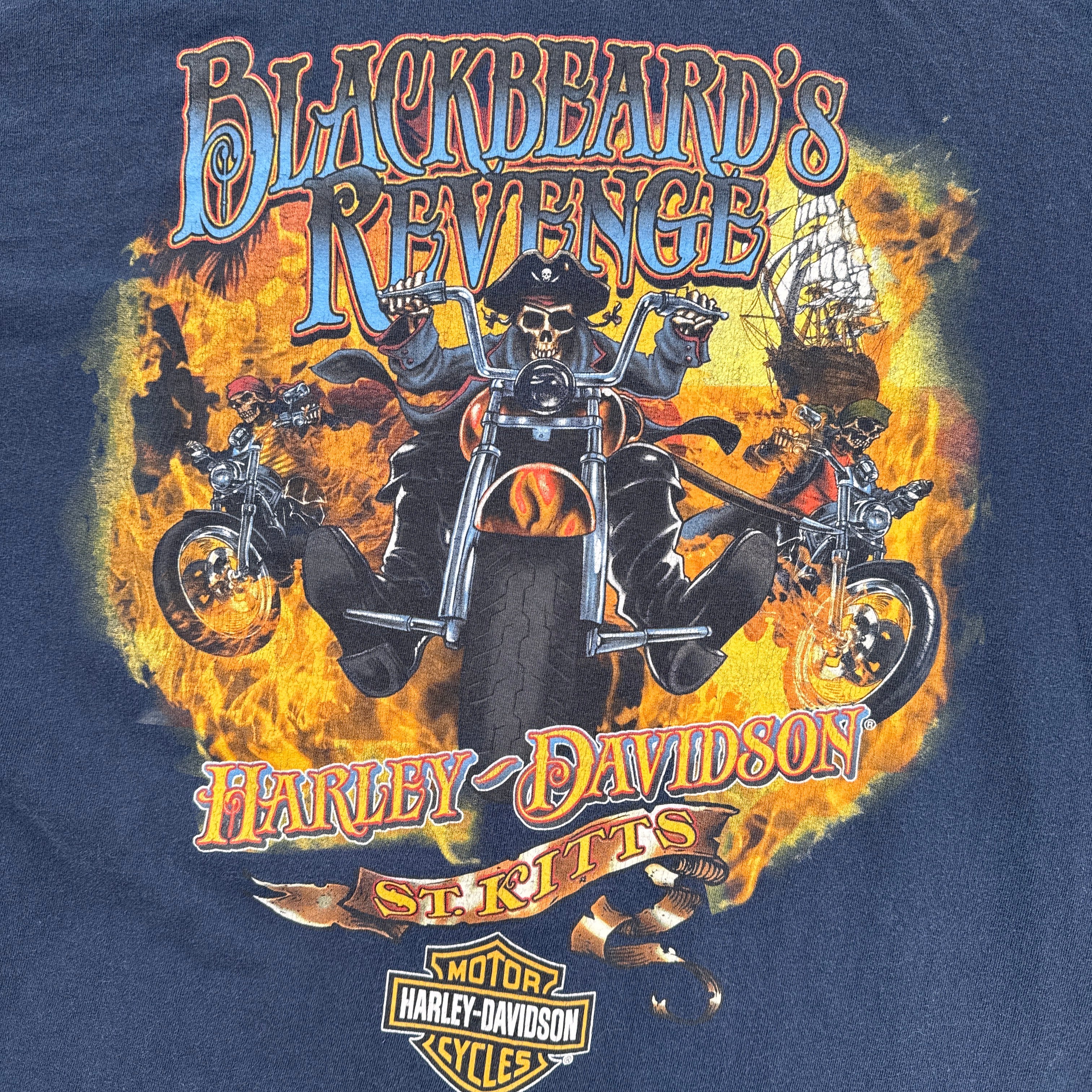 Harley-Davidson graphic t-shirt with flames and motorcycle design on a navy background. Blackbeard's Revenge St Kitts