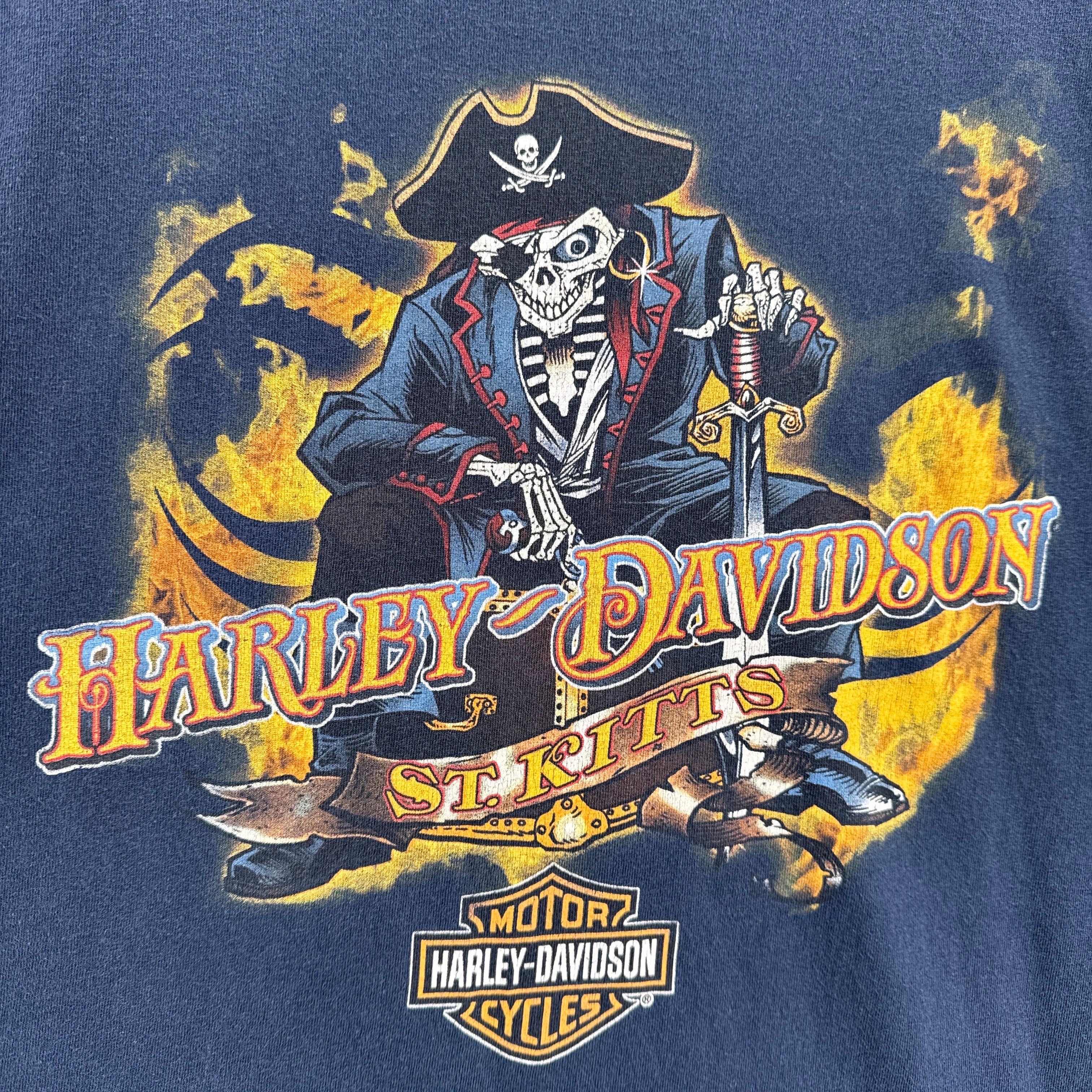 Harley-Davidson t-shirt with a skeleton pirate design on a blue background