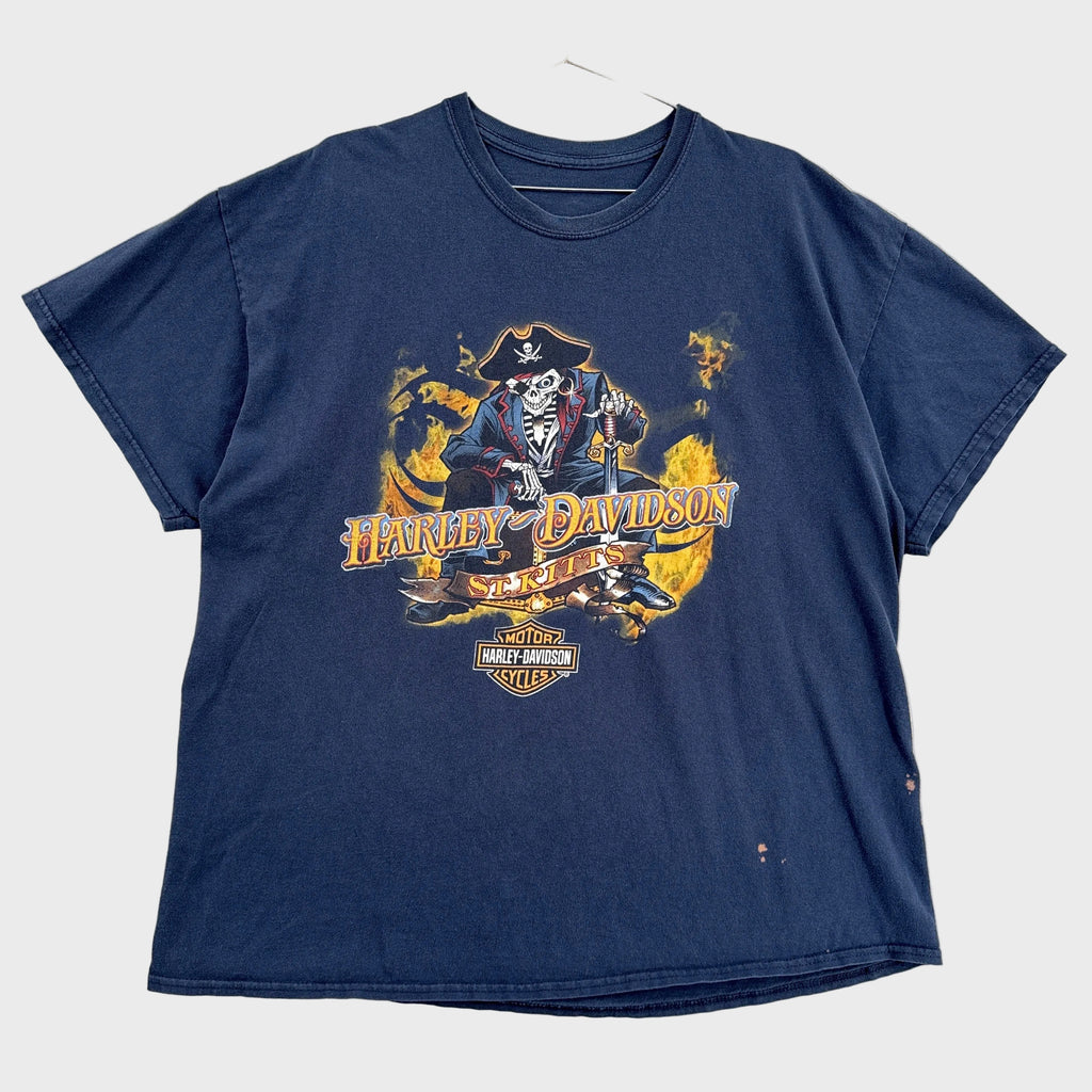 Navy blue t-shirt with Harley Davidson graphic on a beige textured background