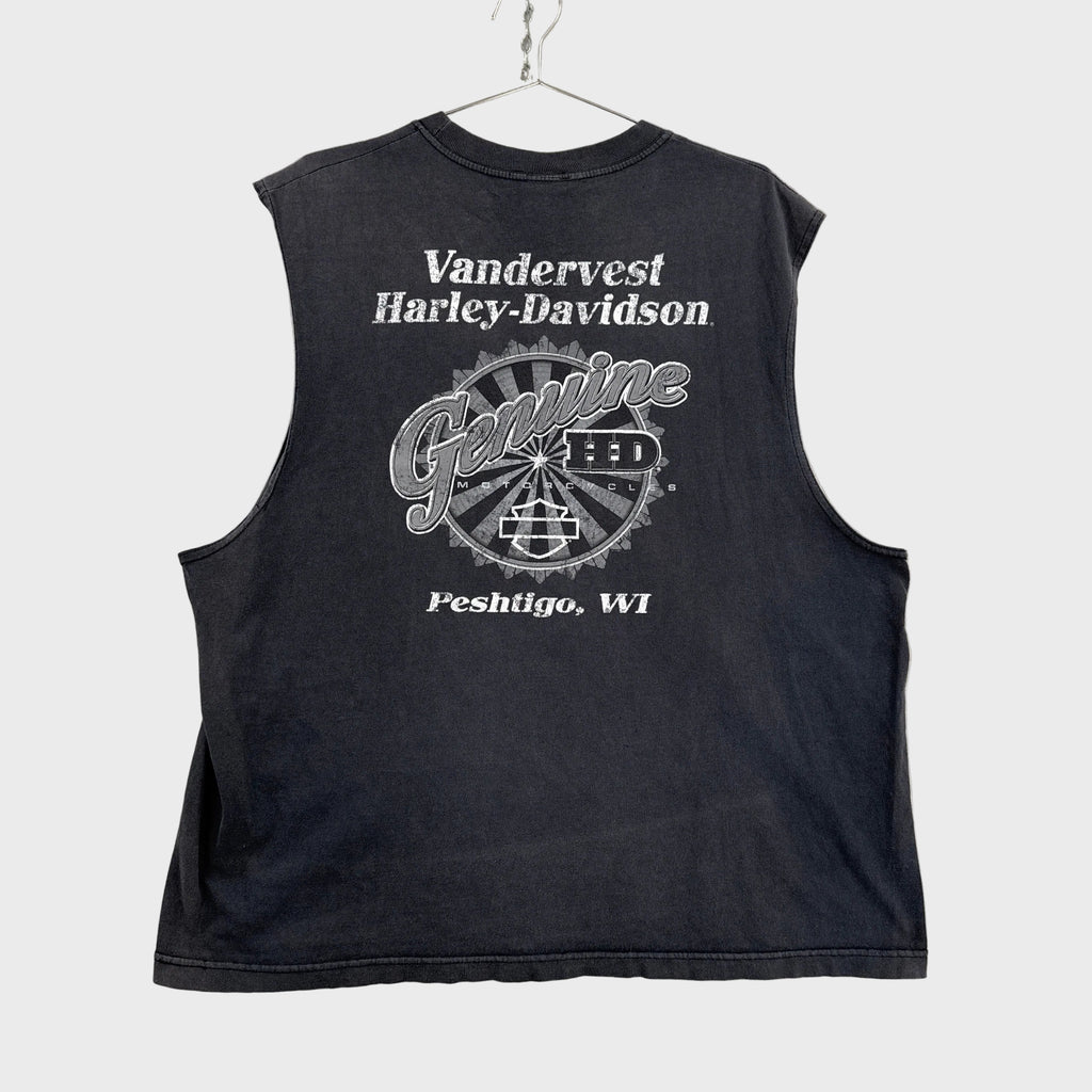 Black sleeveless shirt with 'Vandervest Harley-Davidson' branding on a gray background
