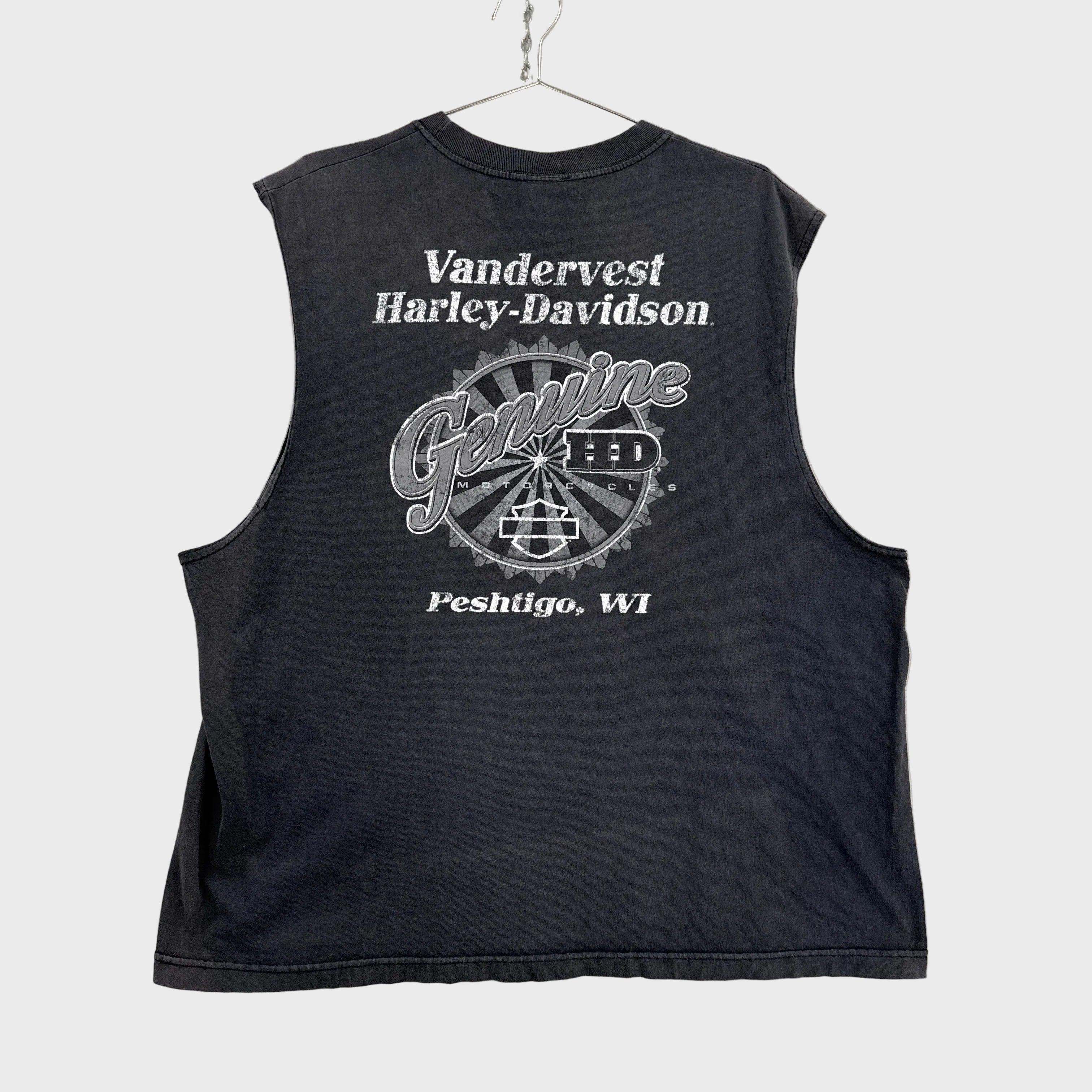 Black sleeveless shirt with 'Vandervest Harley-Davidson' branding on a gray background