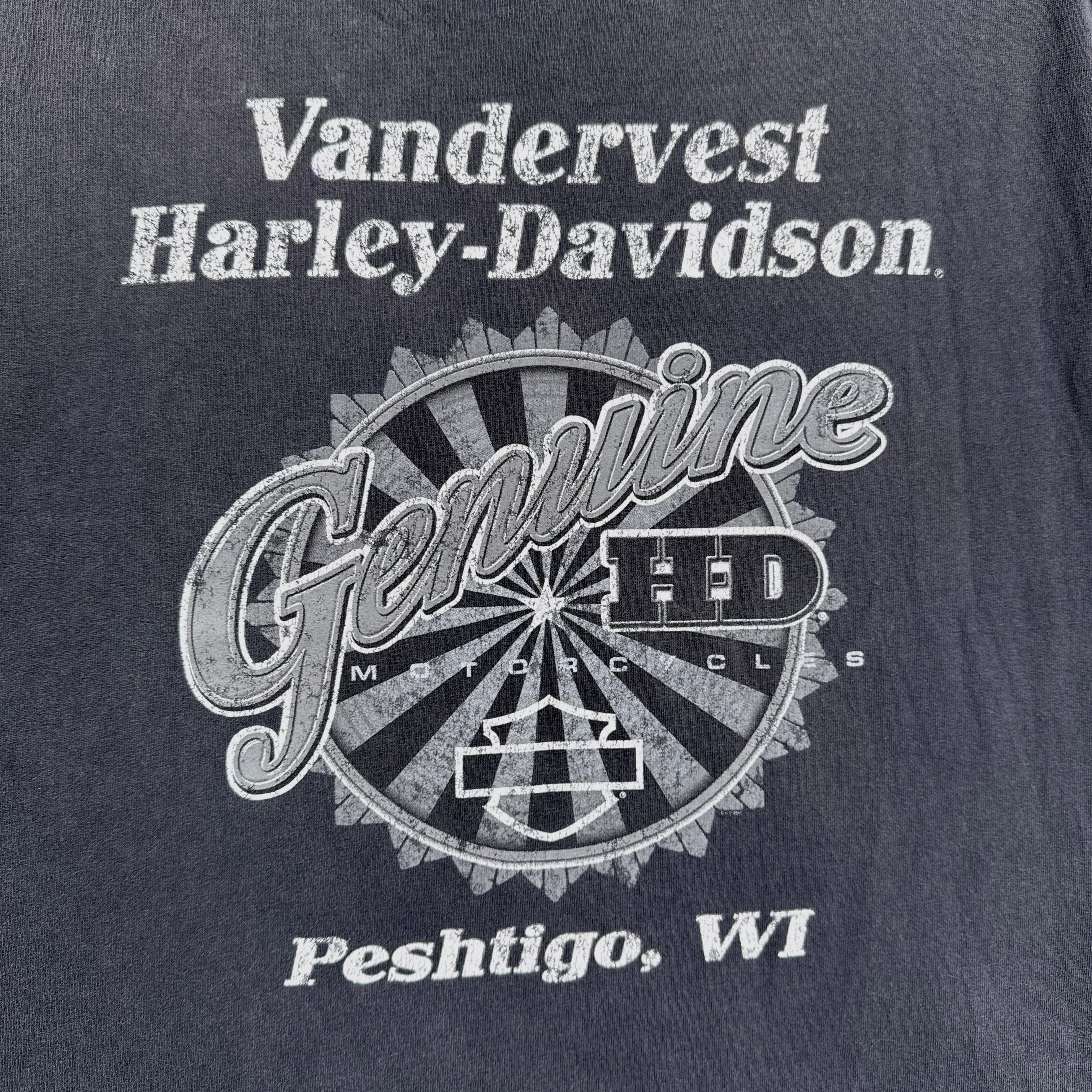 Vandervest Harley-Davidson t-shirt with logo and text on a dark background