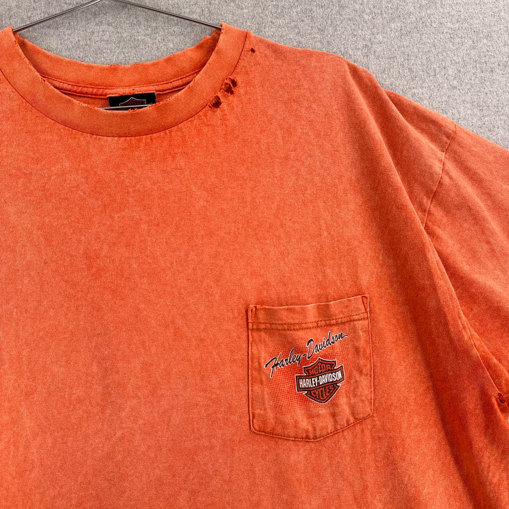 Orange t-shirt with Harley Davidson logo on a hanger against a gray background