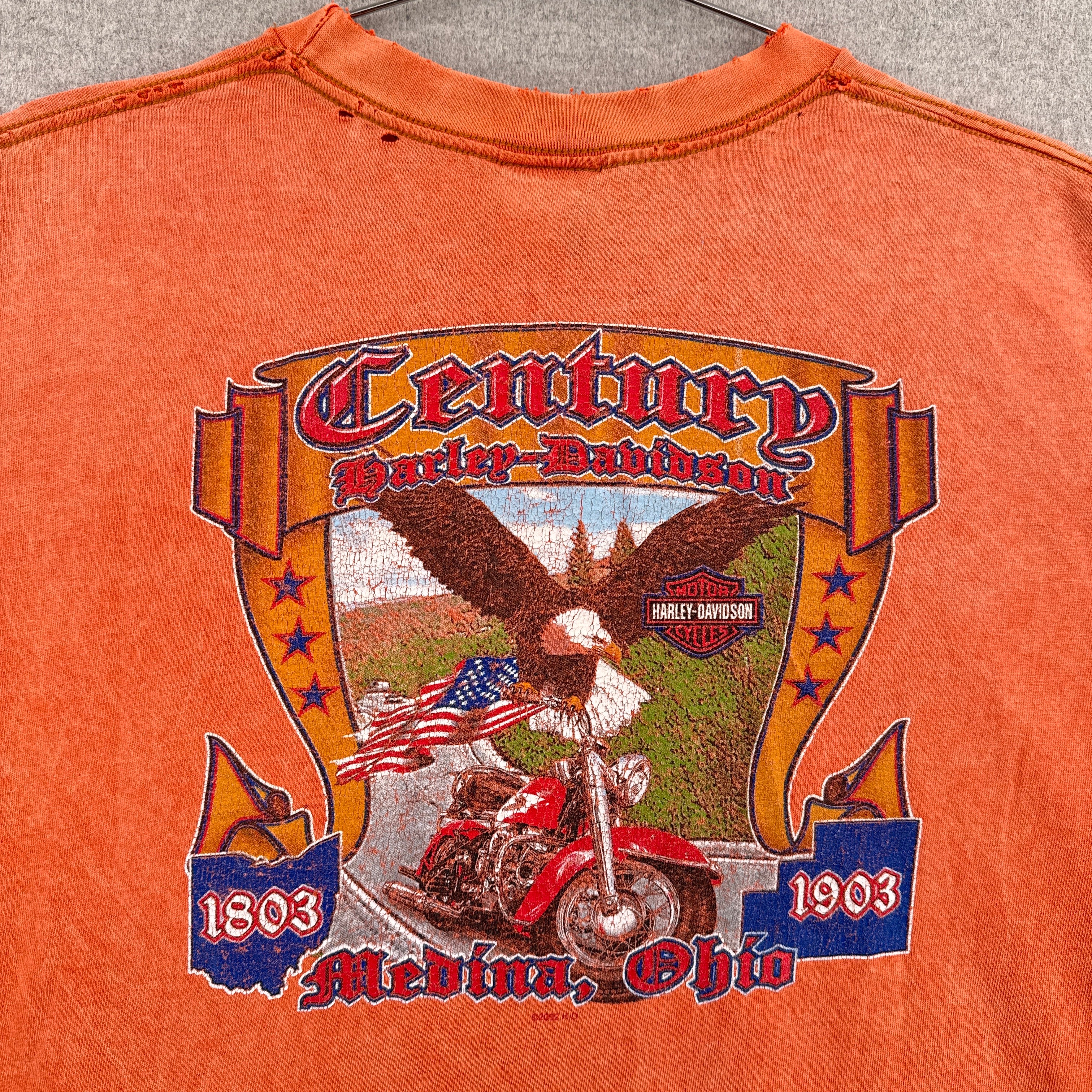 Orange t-shirt with graphic design featuring an eagle, American flag, and text on a gray surface.