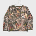 Camouflage-patterned long-sleeve shirt on a hanger against a light gray background