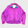 Pink/Purple winbreaker jacket with green trim on a hanger against a gray background
