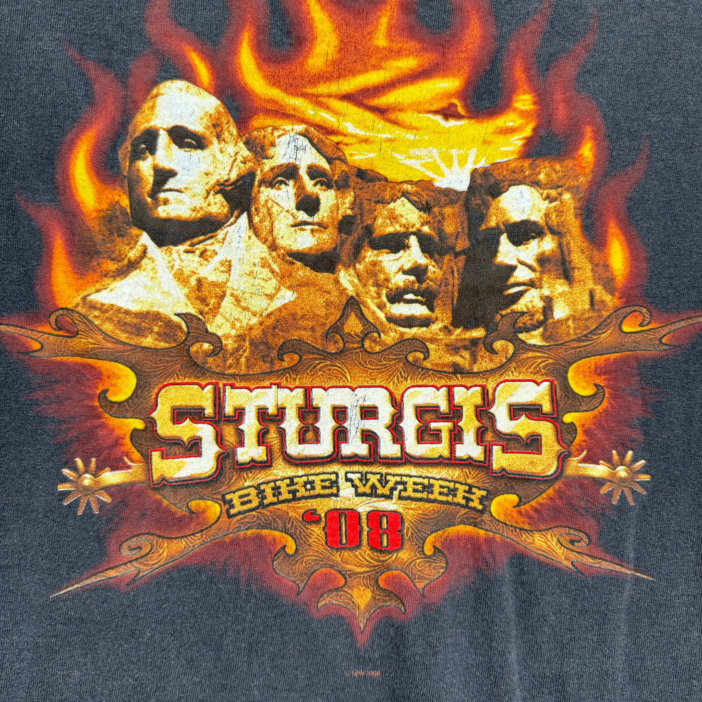 Sturgis Bike Week '08 graphic with Mount Rushmore and flames on a dark background