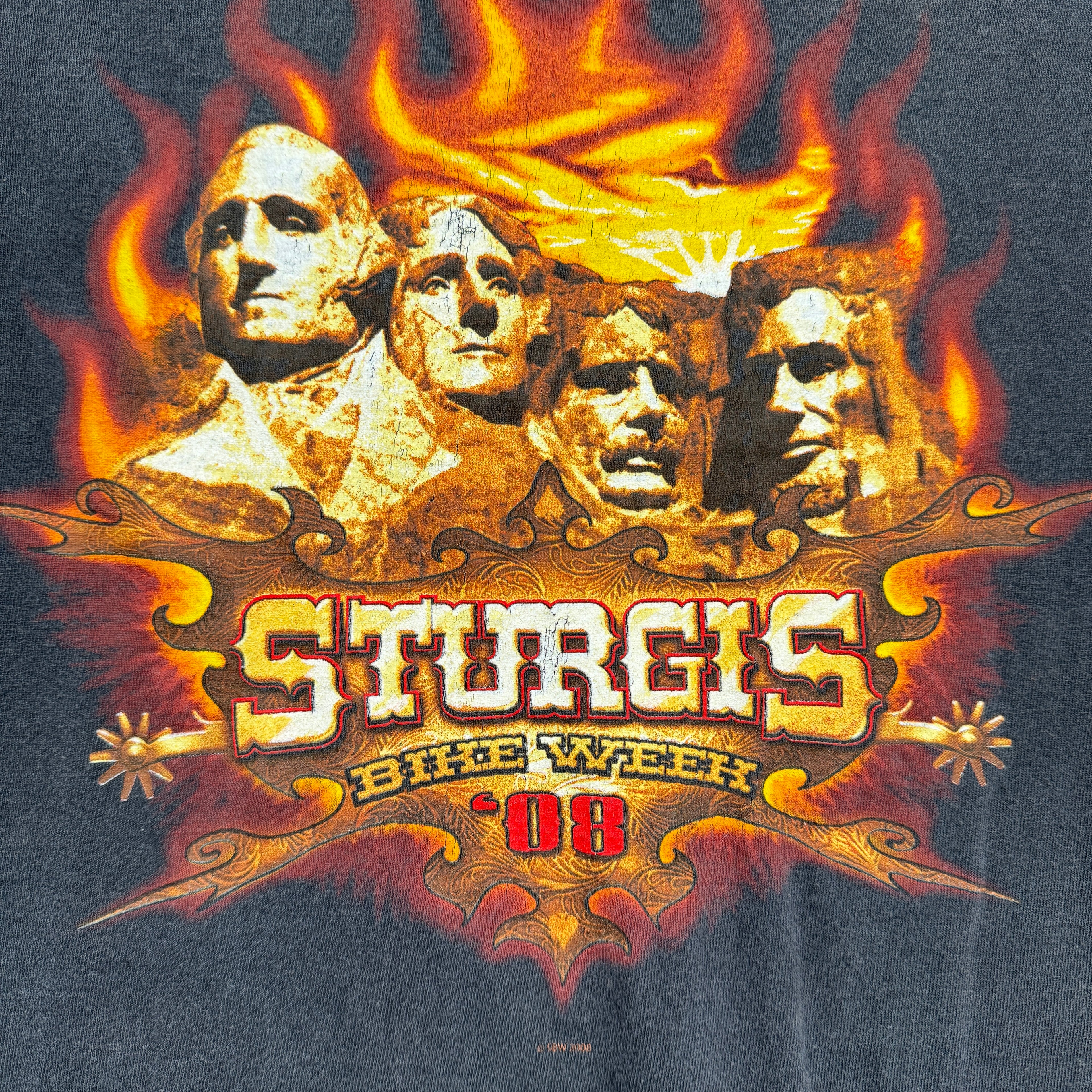Sturgis Bike Week '08 graphic with Mount Rushmore and flames on a dark background
